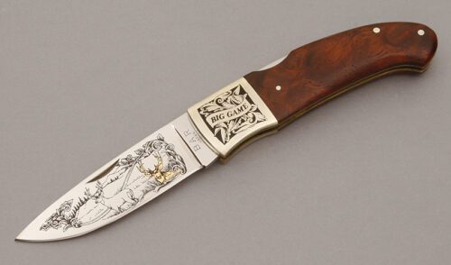 Browning Knives Bar Commemorative Folder with Quince Burl Wood Handle Scales handle material - Obverse Side - Item #KLC10701