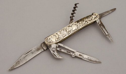 Unknown Maker Multi-Tool Knife with Embossed Silver Handles handle material - Obverse Side - Item #KLC10745
