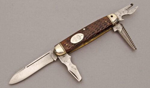 New York Knife Co. Boy Scout Knife with Brown Jigged Bone Scales handle material - Obverse Side - Item #KLC10748
