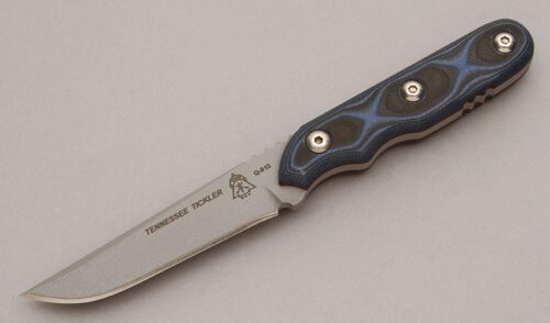 Tops Knives Tennessee Tickler with Black & Blue G-10 Scales handle material - Obverse Side - Item #KLC10785