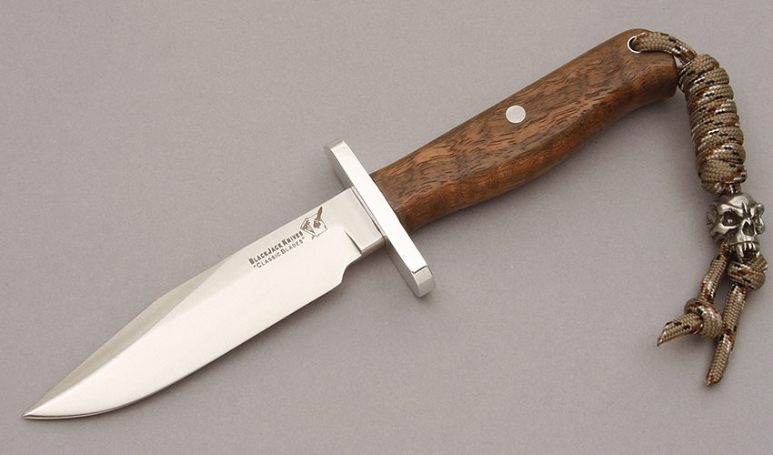 Blackjack Knives Model 12 Halo Boot Knife with Walnut Burlwood Handle handle material - Obverse Side - Item #KLC10789