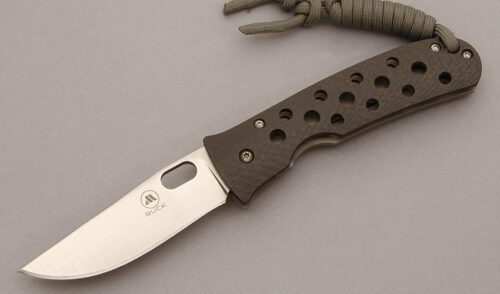 Buck Knives TNT Framelock Folder with Carbon Fiber & Titanium handle material - Obverse Side - Item #KLC10815