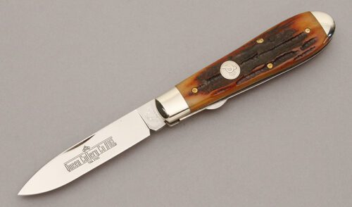 Queen Cutlery #06L Tear Drop Jack Linerlock with Honey Amber Stag Bone Scales handle material - Obverse Side - Item #KLC10848