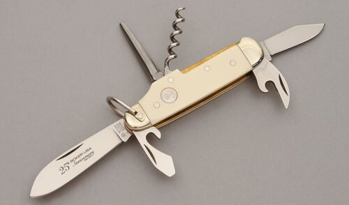 Boker Knives 25TH Anniversary Camp Knife with Ivory Micarta Handle Scales handle material - Obverse Side - Item #KLC10850