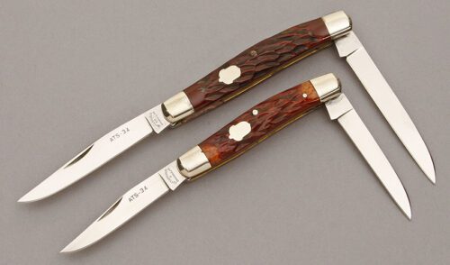 Cattaraugus Cutlery KCC CM-15 & CM-16 Muskrat Set with Brown Jigged Bone handle material - Obverse Side - Item #KLC10864
