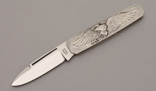 A.G. Russell American Bicentennial Folder with Embossed Stainless Frame handle material - Obverse Side - Item #KLC10873