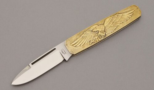 A.G. Russell American Bicentennial Folder with Embossed Brass Scales handle material - Obverse Side - Item #KLC10874
