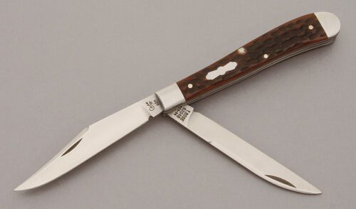 Case Cutlery Tony Bose Slimline Trapper with Chestnut Jigged Bone Scales handle material - Obverse Side - Item #KLC10894