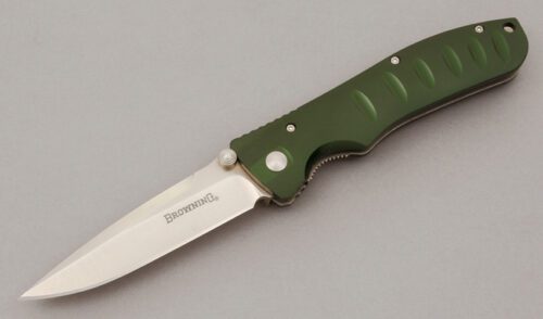 Browning Knives 397 Ice Storm Linerlock Folder with Green Anodized Aluminum Scales handle material - Obverse Side - Item #KLC10911