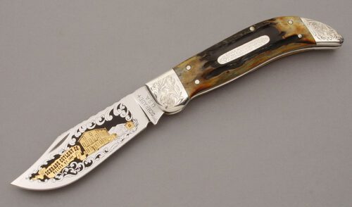 Schrade Cutlery 75th Anniversary Clasp Knife with India Stag Handle Scales handle material - Obverse Side - Item #KLC10914