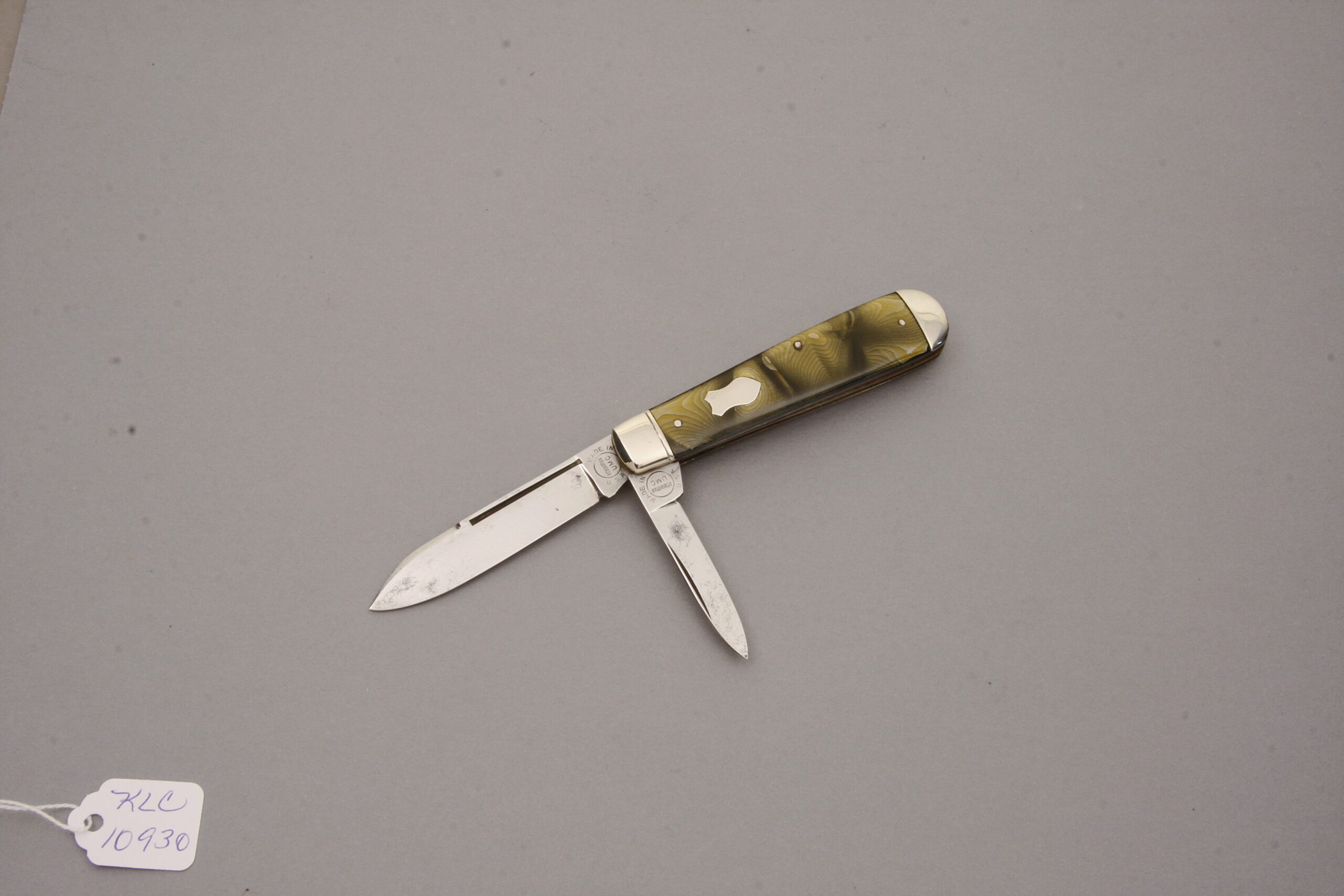 Remington Knives Two Blade Jack with Green Swirl Celluloid Scales handle material - Obverse Side - Item #KLC10930
