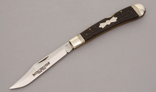 Winchester Knives W15 1927 Bananna Trapper with Peach Seed Jigged Bone Scales handle material - Obverse Side - Item #KLC10988