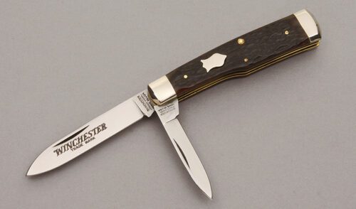Winchester Knives W15 2851 Two Blade Gunstock with Brown Jigged Bone Scales handle material - Obverse Side - Item #KLC10990