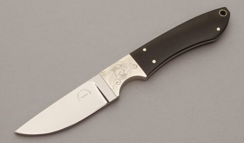 Johnny Miyakawa Boot Knife with Black Linen Micarta handle material - Obverse Side - Item #KLC11014