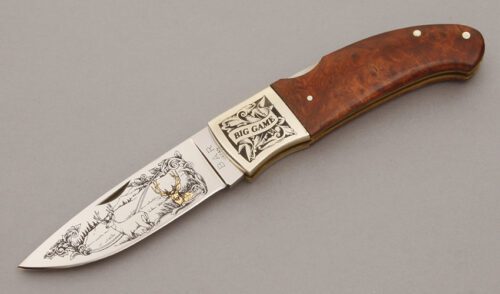 Browning Knives Bar Commemorative Lockback with Quince Burl Wood Handle Scales handle material - Obverse Side - Item #KLC11018
