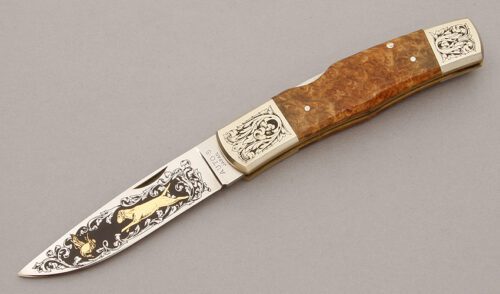 Browning Knives Auto-5 Gold Classic Lockback with Burled Wood handle material - Obverse Side - Item #KLC11021