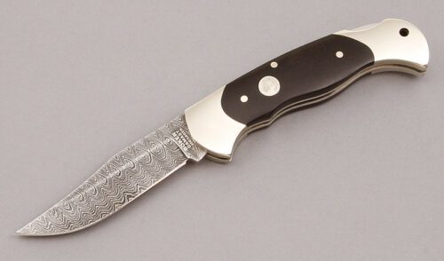 Boker Knives 2023 Damascus Lockback with Nickel Silver Frame handle material - Obverse Side - Item #KLC11024