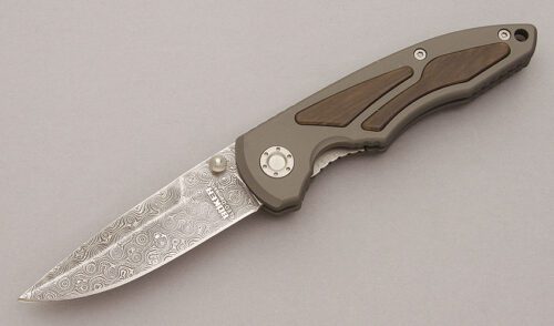 Boker Knives Leo Damascus Linerlock Folder with 6061-T6 Aluminum Frame handle material - Obverse Side - Item #KLC11039