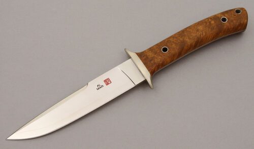 Al Mar Knives 25th Anniversary Shiva with Chinese Quince Burl Wood handle material - Obverse Side - Item #KLC11043