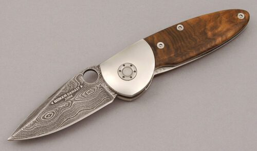 Boker Knives 2006 Damast Linerlock Folder with Root Wood Scales handle material - Obverse Side - Item #KLC11046