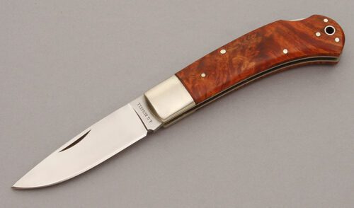A.G. Russell A334 Lockback Folder with Chinese Quince Burl Wood handle material - Obverse Side - Item #KLC11062