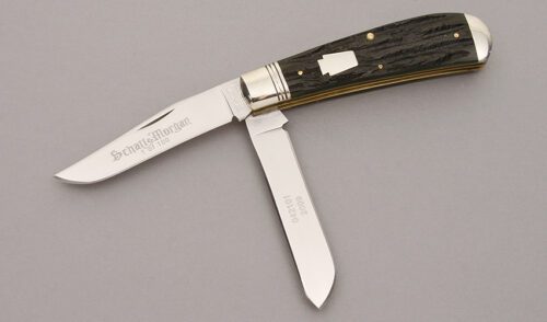 Schatt & Morgan 042101 Trapper with Green Jigged Bone Scales handle material - Obverse Side - Item #KLC11100