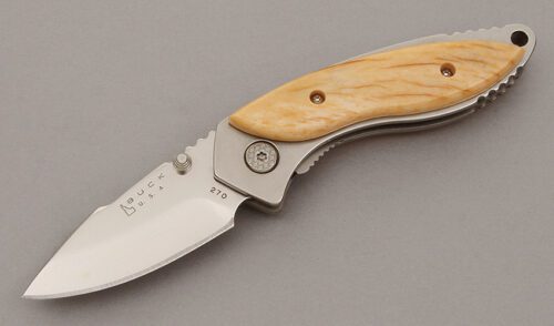 Buck Knives Alpha Dorado Linerlock Folder with Giraffe Bone Scales handle material - Obverse Side - Item #KLC11128