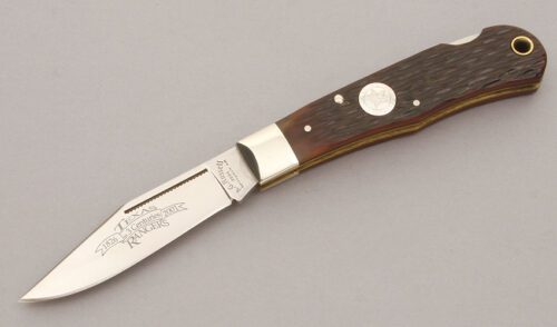 A.G. Russell 2001 Texas Ranger Lockback with Brown Jigged Bone Scales handle material - Obverse Side - Item #KLC11146