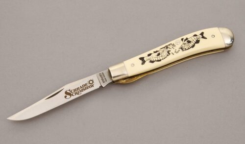 Schrade Cutlery SC503 Linerlock Trapper with Ivory Delrin Scales handle material - Obverse Side - Item #KLC11182