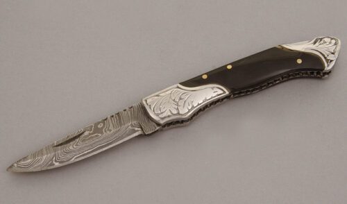Unknown Maker Damascus Lockback with Stainless Steel Frame handle material - Obverse Side - Item #KLC11186