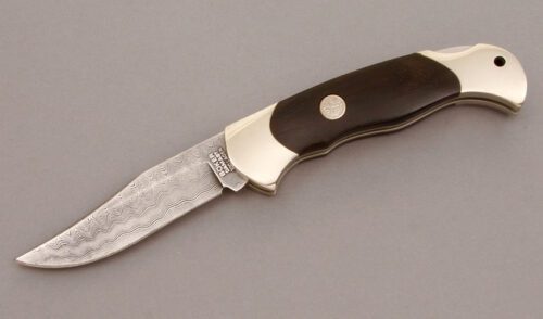 Boker Knives Damascus Lockback Folder with Ebony Wood Handle Scales handle material - Obverse Side - Item #KLC11199