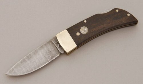 Boker Knives Small Damascus Lockback Folder with 3000 Year Old Peat Bog Oak handle material - Obverse Side - Item #KLC11318