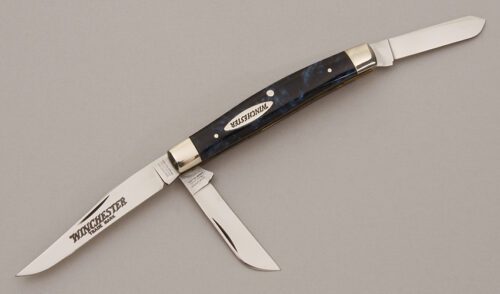 Winchester Knives W 15 3040 BCV Stockman with Blue Marble Celluloid Scales handle material - Obverse Side - Item #KLC11322