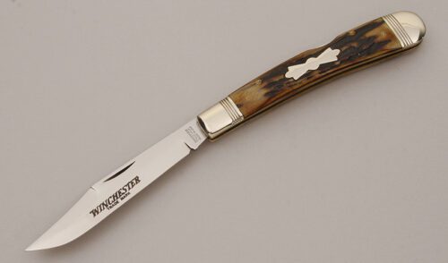Winchester Knives 1950 Banana Lockback Folder with Stag Handle Scales handle material - Obverse Side - Item #KLC11323