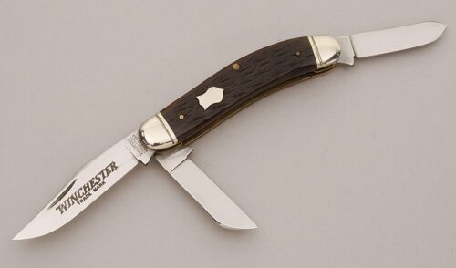 Winchester Knives W15 3949 Sowbelly Stockman with Brown Jigged Bone Scales handle material - Obverse Side - Item #KLC11330