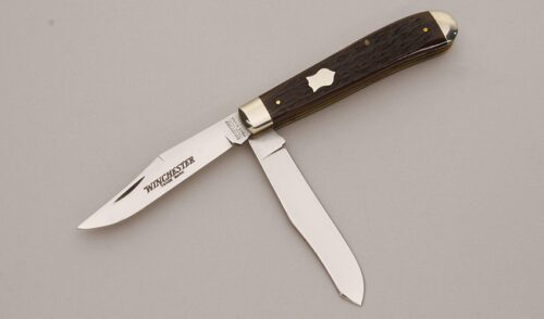 Winchester Knives W15 2904 1/2 Trapper with Brown Jigged Bone Scales handle material - Obverse Side - Item #KLC11331