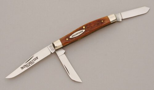Winchester Knives 3940 B Stockman with Brown Jigged Bone Scales handle material - Obverse Side - Item #KLC11337