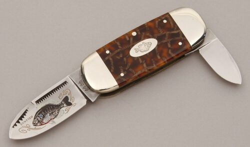 Bulldog Knives Baby Sunfish with Brown & Tan Celluloid Scales handle material - Obverse Side - Item #KLC11359