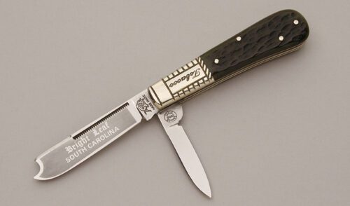 Bulldog Knives Tobacco Barlow Razor Knife with Green Jigged Bone Scales handle material - Obverse Side - Item #KLC11360