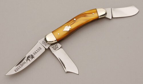 Bulldog Knives Sowbelly with Gold Celluloid Handle Scales handle material - Obverse Side - Item #KLC11362