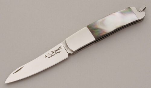 A.G. Russell Loveless Gents Lockback Folder with Black Lip Pearl Scales handle material - Obverse Side - Item #KLC11372