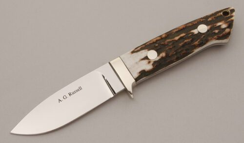 A.G. Russell Loveless Drop Point Hunter with India Stag Handle Scales handle material - Obverse Side - Item #KLC11391