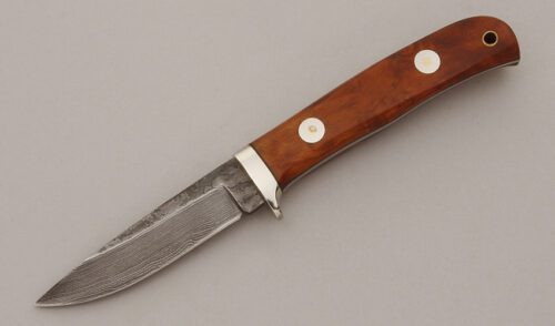 A.G. Russell Gents Damascus Hunter with Maple Burl Wood Scales handle material - Obverse Side - Item #KLC11402