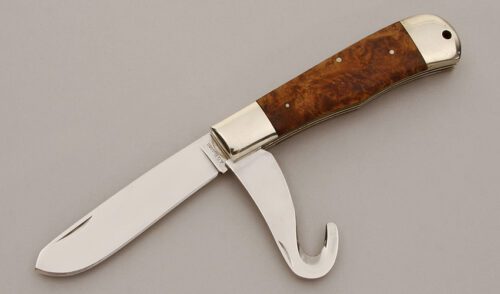 A.G. Russell Folding Hunter W/Guthook with Chinese Quince Wood handle material - Obverse Side - Item #KLC11418