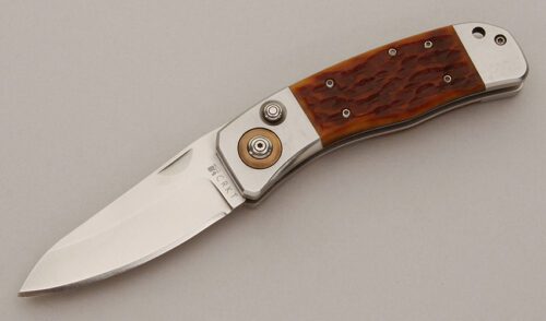 CRKT Knives Lakes P.A.L. Button Lock with Brown Jigged Bone Scales handle material - Obverse Side - Item #KLC11430