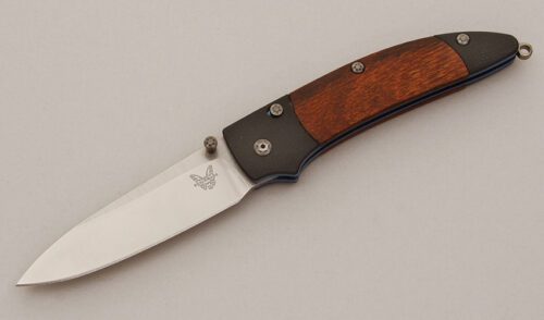 Benchmade Knives 480 Shoki Nakamura Buttonlock with Black G10 & Winewood Scales handle material - Obverse Side - Item #KLC11465