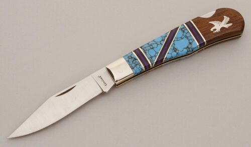 United Cutlery/Yellowhorse Wildlife Series Eagle Lockback with Ironwood & Turquoise Scales handle material - Obverse Side - Item #KLC11479