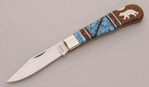 United Cutlery/Yellowhorse Wildlife Series Bear Lockback with Turquoise & Ironwood Scales handle material - Obverse Side - Item #KLC11481