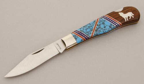 United Cutlery/Yellowhorse Wildlife Series Wolf Lockback with Turquoise & Ironwood Scales handle material - Obverse Side - Item #KLC11482