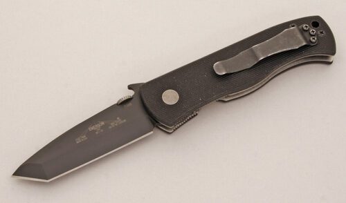 Emerson Knives CQC-7BW Tanto Left-Hand Model with Black Textured G10 Scales handle material - Obverse Side - Item #KLC11487